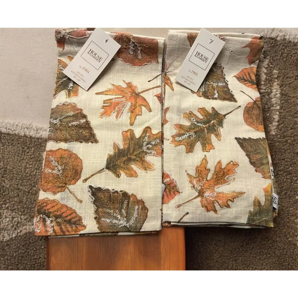 NWT 2 sets of HOUSE & GARDEN KITCHEN TOWELS (2 each) Embroidered Fall LEAVES‎